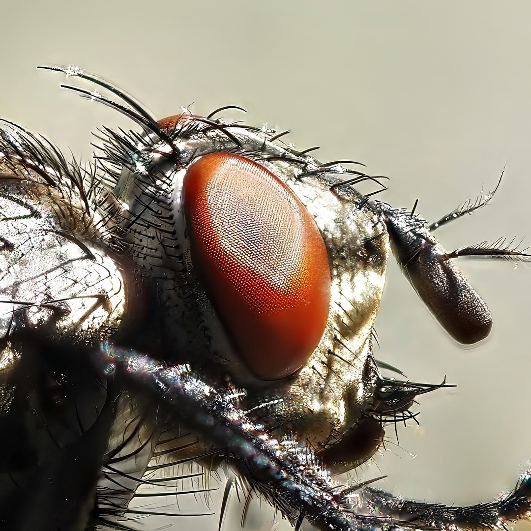 Blowfly Extreme Closeup Large Red Orange Compound Eye Bristly Grey Head
