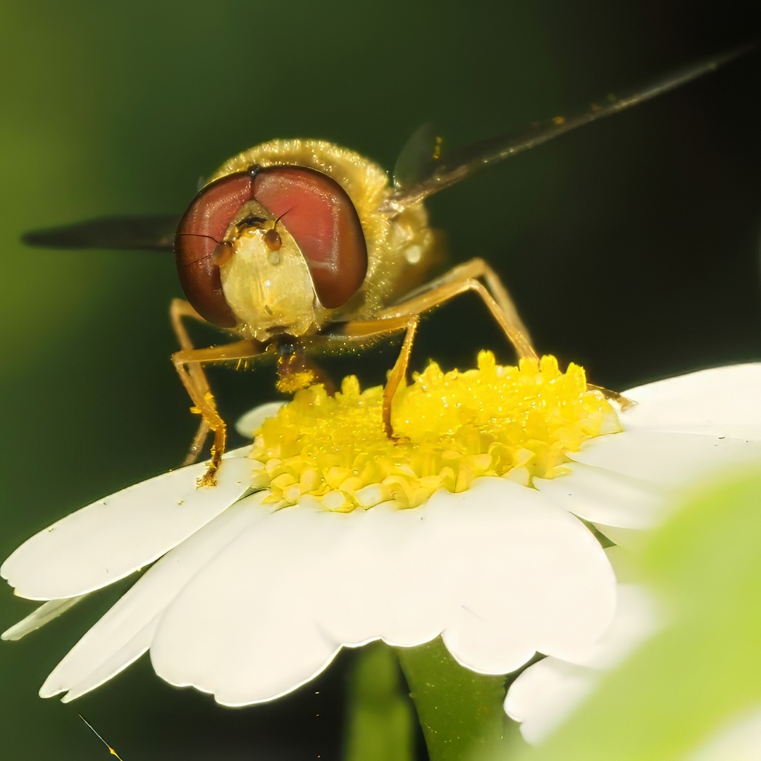 Hoverfly Golden Yellow Face Dark Red Holoptic Eye Feeding On White Daisy