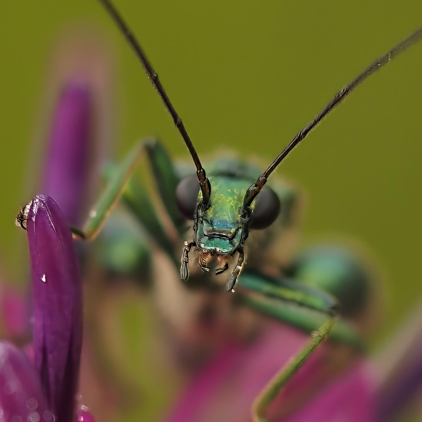 Bush Cricket Orthoptera Frontal Macro Iridescent Metallic Green Large Dark Round Eyes Long Black Antennae Purple Flower