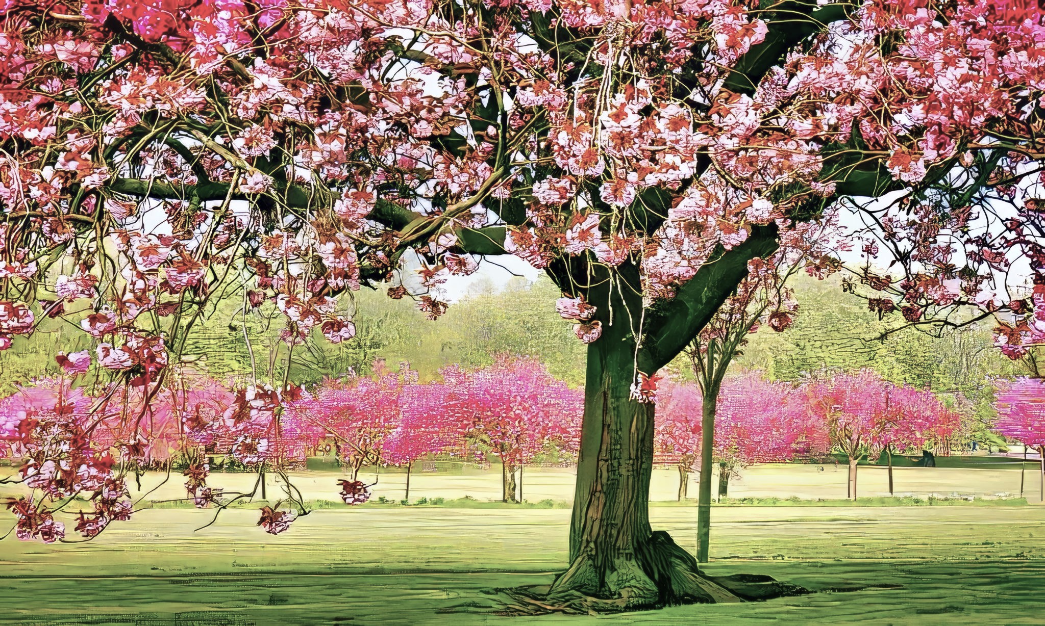 Cherry Blossom Tree Park Vivid Pink Spring