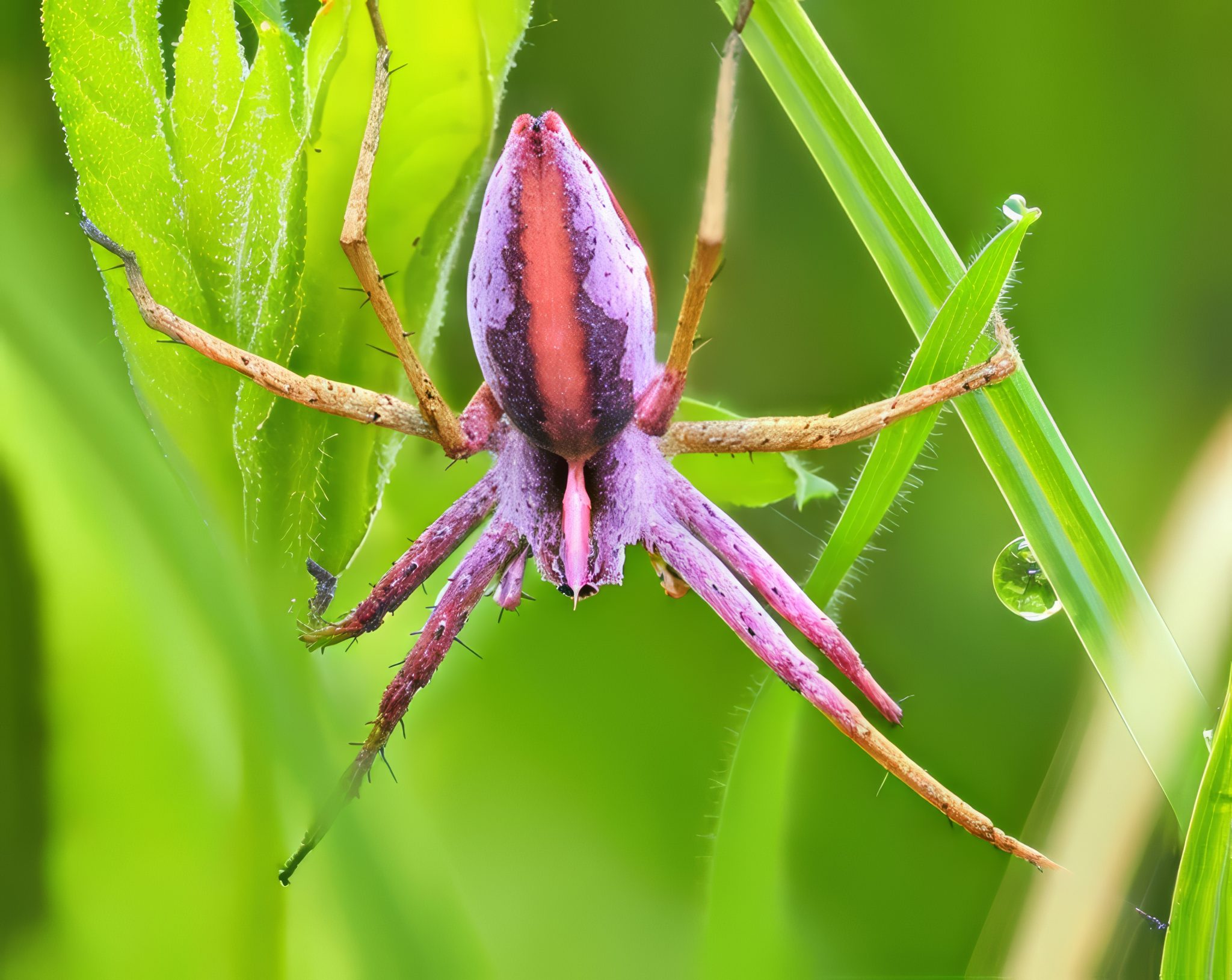 Crab Spider Vivid Purple Violet Abdomen Pink Red Stripe Green Vegetation