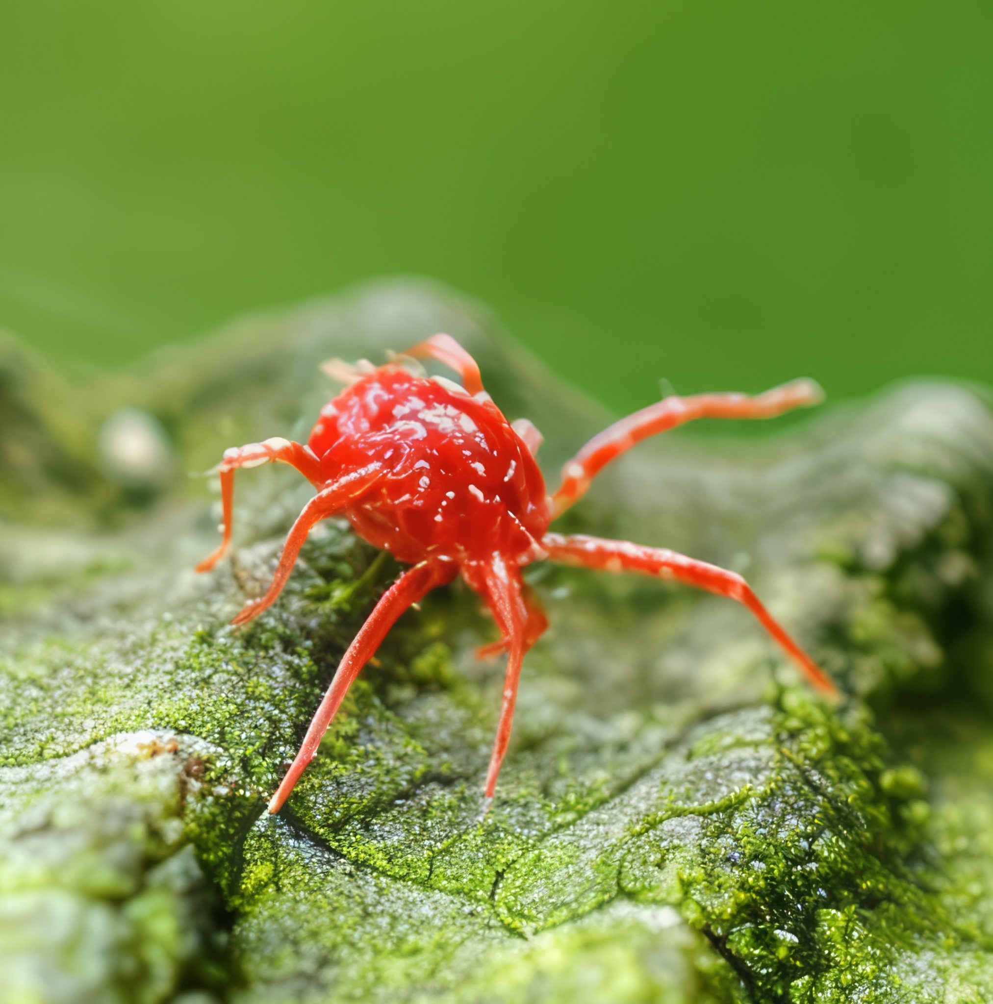 Red Velvet Mite Bright Red Body White Spiky Hairs Green Lichen Surface