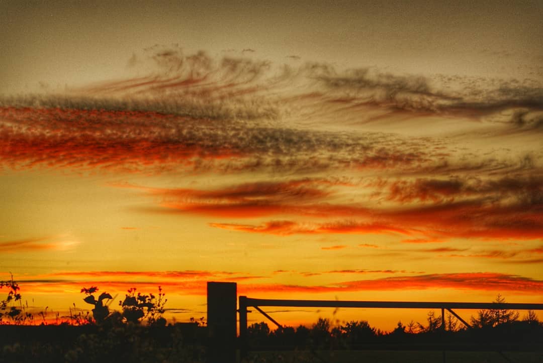 Farm Gate Silhouette Fiery Red Orange Sunset Wispy Dark Clouds